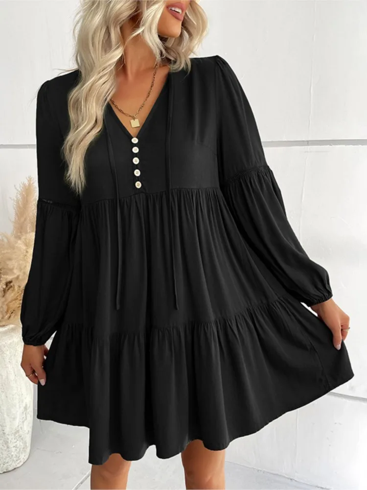 

Dresses 2025 Woman Autumn Casual Simple Style Vestidos Short Loose V-neck Pleated Solid Color Dress All-match Trendy Temperament