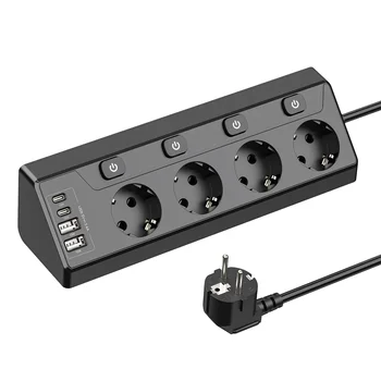 Europejska wielokontaktowa listwa zasilająca do komputera stacjonarnego, 2 narożne gniazda zasilania USB-A i 2 typu C, przedłużacz 2M, kuchnia w domowym biurze
