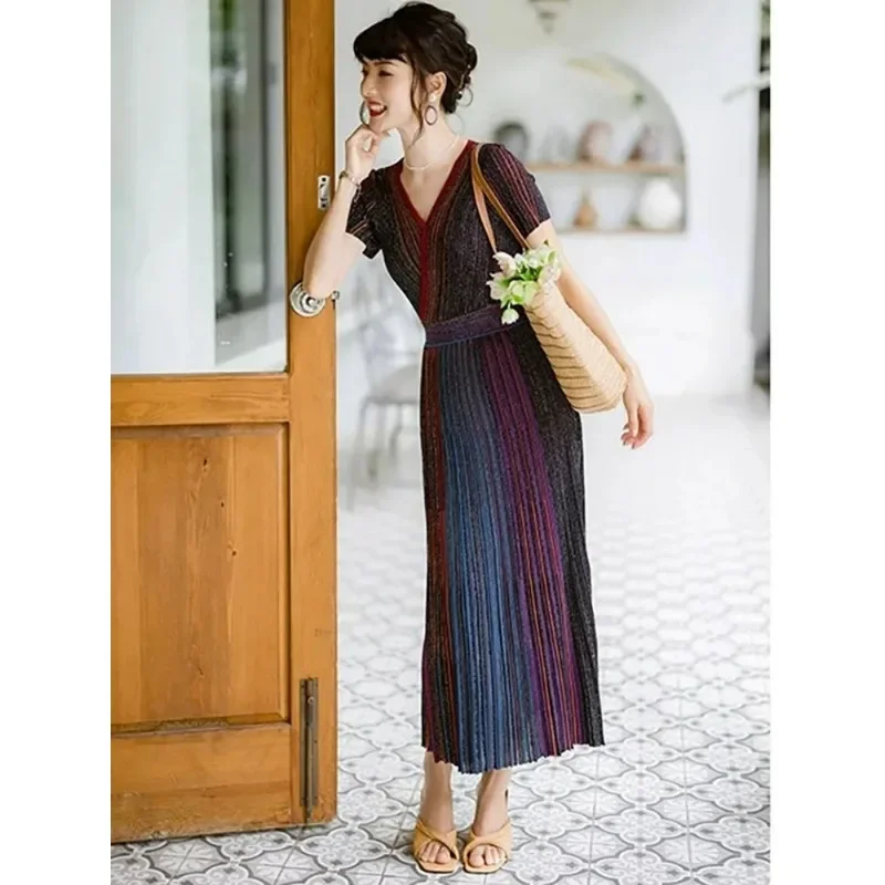 Women's Fashion Dress V-neck Long Sleeved Striped High Waisted Pleated Rainbow Casual Dress New for Autumn 2024