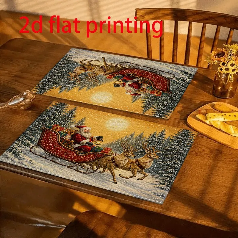 VIKAMA Christmas Linen Placemat, Santa Reindeer Sleigh Winter Forest Scene, Washable, Festive Dinner Kitchen