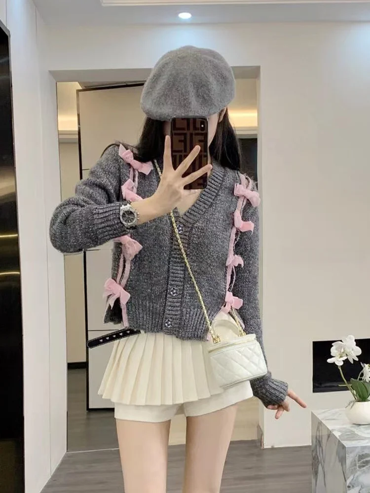 

Высококачественный женский вязаный кардиган с v-образным вырезом и узлом, корейский осенний Новое поступление, универсальная молодежная уменьшающая одежда