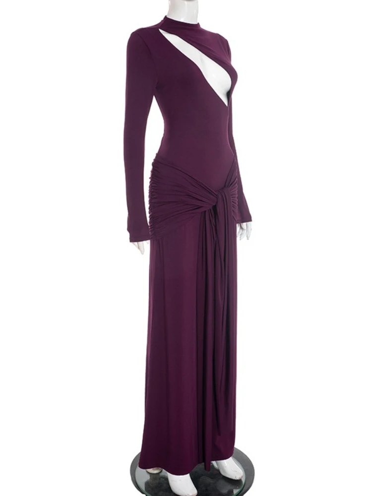 SsTss Wycięta Sukienka Maxi na Wieczorne Przyjęcia, Elegancka, Jednolita, z Imitacją Golfu, Długi Rękaw, Marszczona, Wiązana, na Formalne Okazje, Długie Suknie