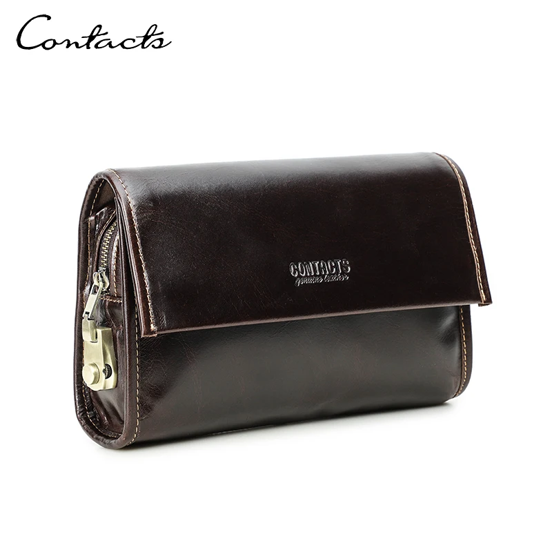 Contact's bolsa de mão masculina de couro genuíno, carteira retrô longa com senha, porta-cartões de bolso para telefone, clipe de dinheiro, bolsas masculinas