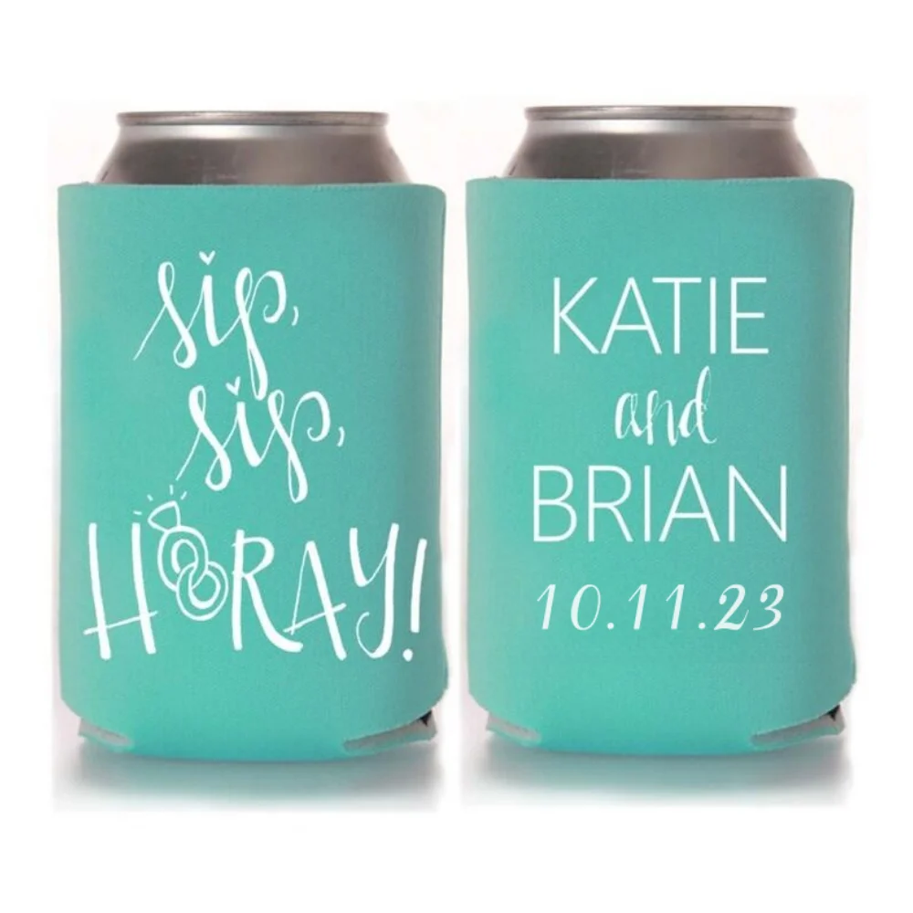 Personalized Wedding Can Coolers, Beach Wedding Favors for Guests,Beverage Holders,Beer Insulator, Sip Hooray