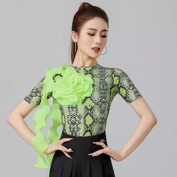 Top de baile latino para mujer, leotardo de baile de salón de manga corta, ropa estándar, blusa de práctica de vals moderna, disfraz, 2024