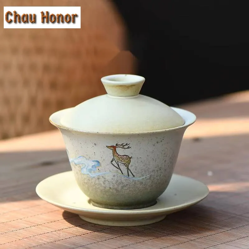 

160ml Retro Coarse Pottery Deer Gaiwan Zen Sopera Ceramic Soupers with Lids Tea Tureen Tea Brewing Cover Bowl Teaware Supplies