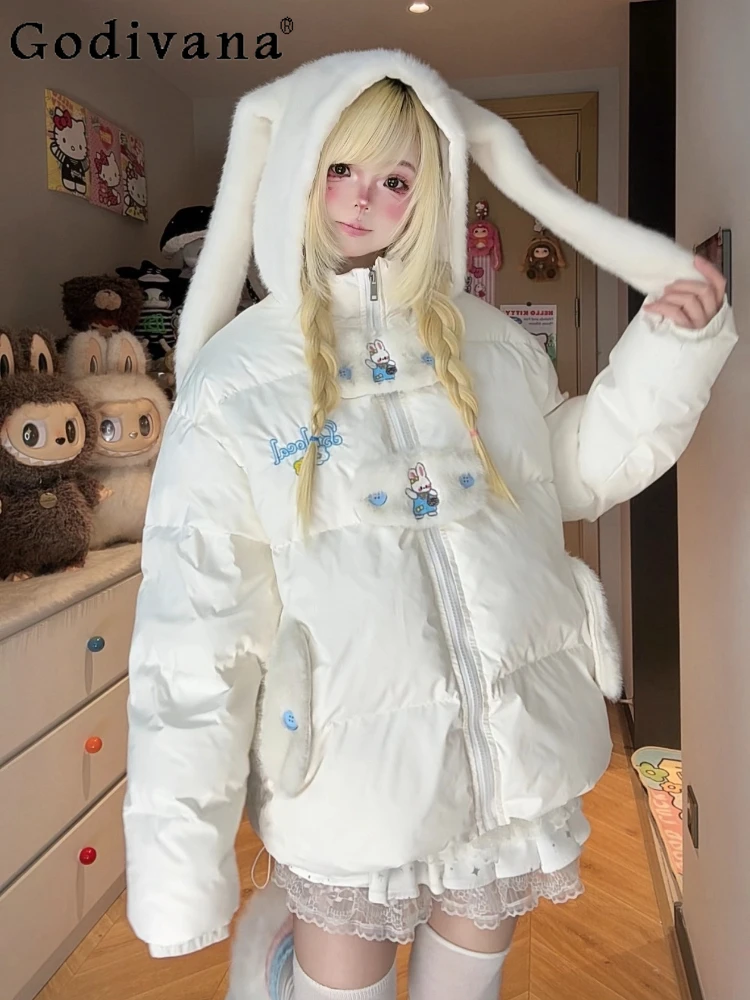 سترة شتوية أصلية Y2K للطالبات سترة شتوية دافئة سميكة مطرزة برسوم كارتونية للأسفل سترة بقلنسوة على شكل آذان أرنب قطيفة للفتيات #1