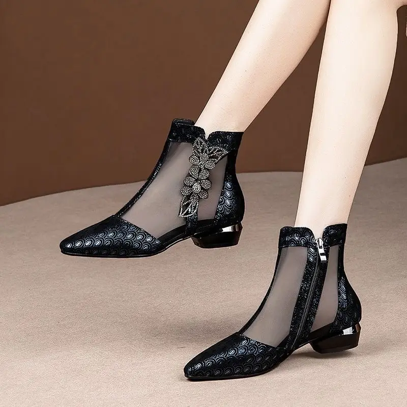 FHANCHU Women Sandals Boots,Mid Heel Summer Mesh Shoes,Soft Ankle Botas,Rhinestone,Pointed Toe,Side Zip,Black,Blue,Dropship