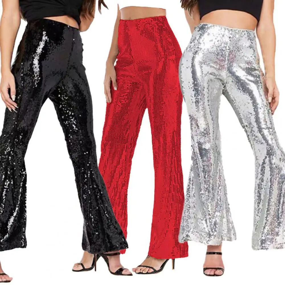 Thin Loose Women Pants Shiny Sequin See-through Elastic High Waist Breathable Nightclub Party Long Trousers Flared Pants