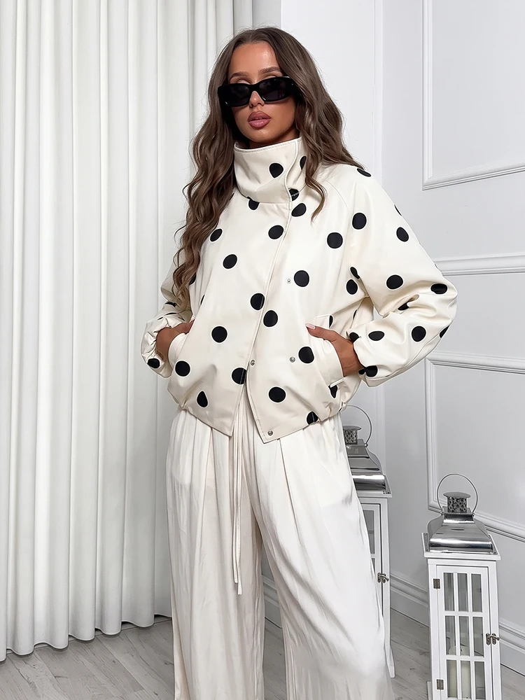 HH Women Fashion Polka Dot Jacket High Collar Long Sleeve Hidden Placket Coat With Pocket 2026 Autumn Trendy High Street Outwear