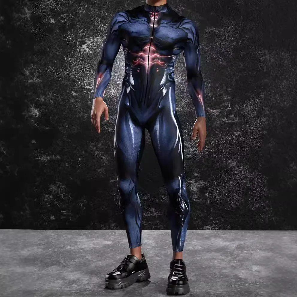 

Colorful Halloween Xmas Masquerade Cosplay Zentai Suit Men Carnival Jumpsuit Carnival Party Club 3D Muscle Pattern Bodysuit