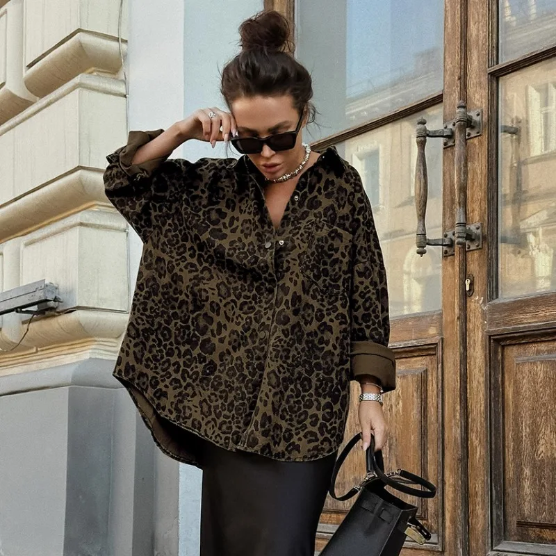 Retro Leopard Print British Style Versatile Lapel Long-sleeved Casual Coat New Cross-border Fashion Women Autumn Europe America