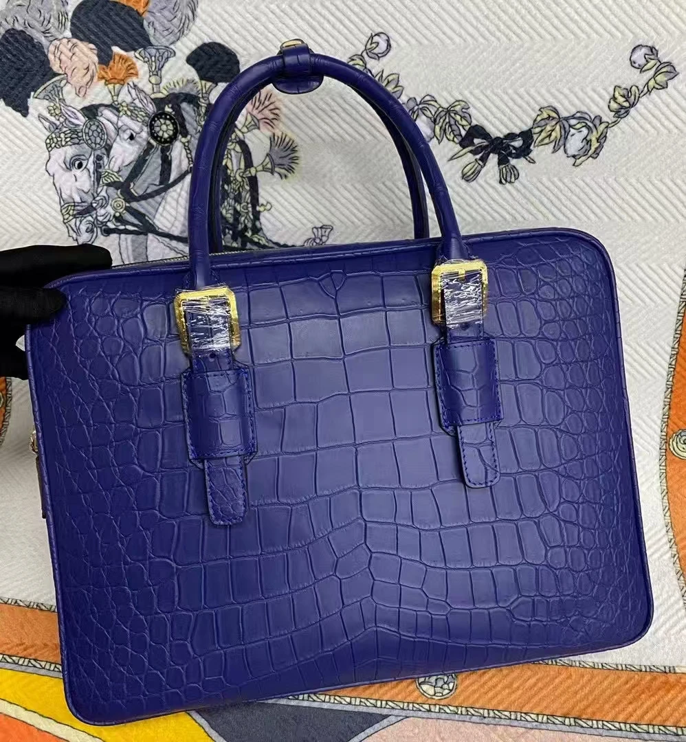 Luxury Men's Business Bag 100% Genuine Real Crocodile Leather Belly Skin Laptop Briefcase in Blue/Brown Colors