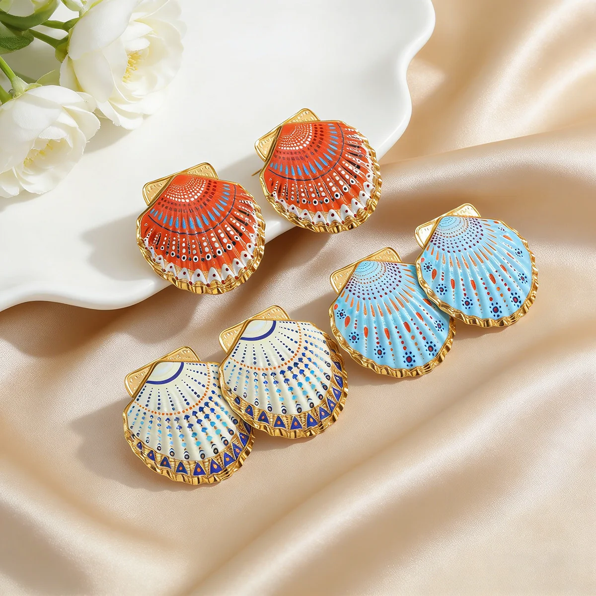 Exaggerated Gold-plated Stainless Steel Colorful Seashells Earrings for Women Exquisite Waterproof Beach Vacation Jewelry Gifts