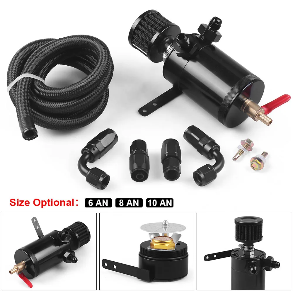 AN6 AN8 AN10 Universal Performance Oil Catch Can Filter Breather Tank With Mounting Bracket Kit 2 Port Hose Drain