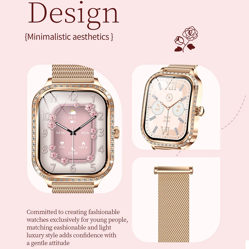 ساعة ذكية جديدة للنساء 1.75 بوصة HD شاشة معدل ضربات القلب الرياضة اللياقة البدنية IP68 مقاوم للماء BT دعوة 100 + وضع رياضي ساعة ذكية للسيدات هدية