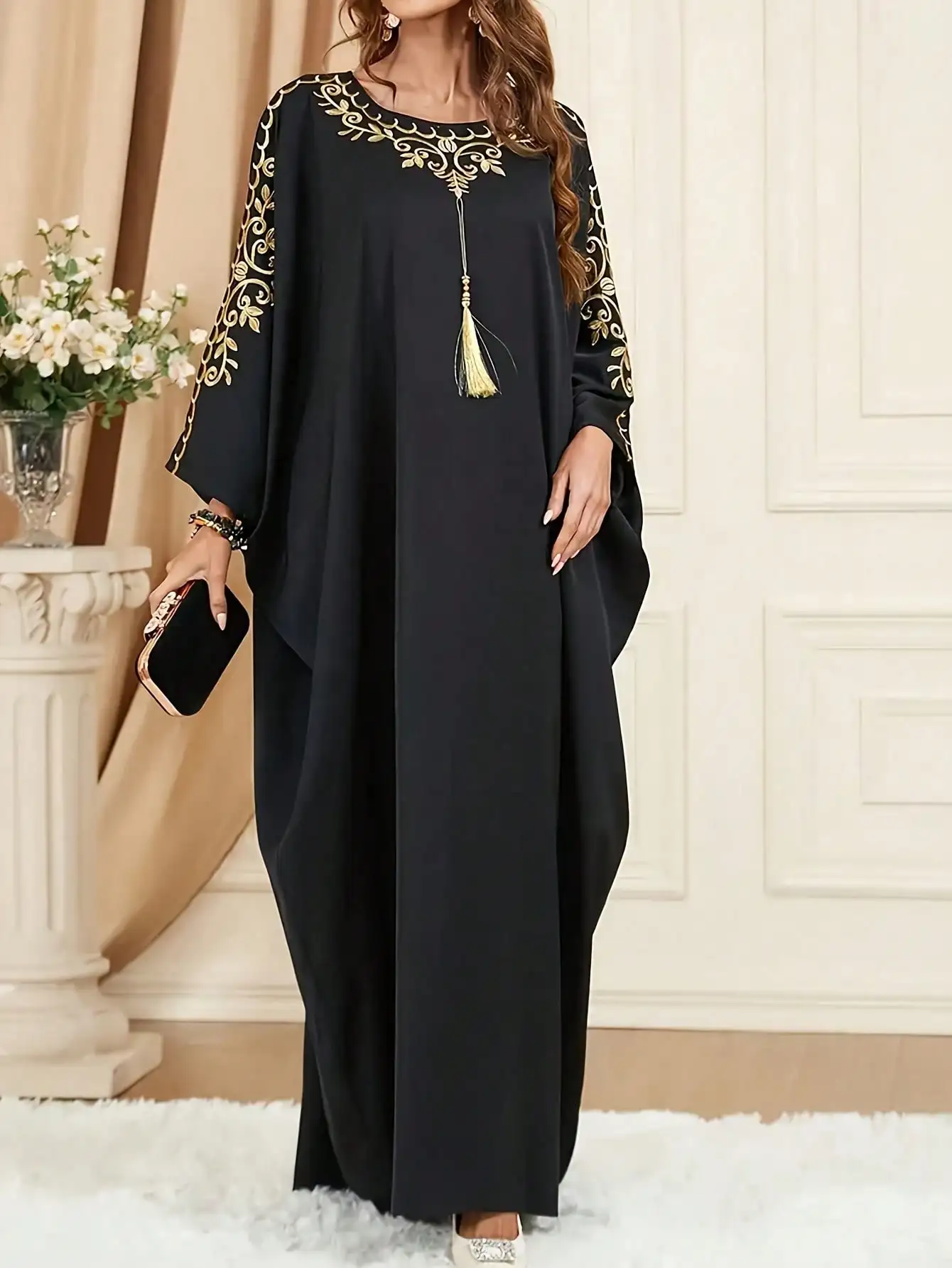 

2026 casual and elegant summer style solid color chest decoration round neck long sleeved plus size Arabic robe dress