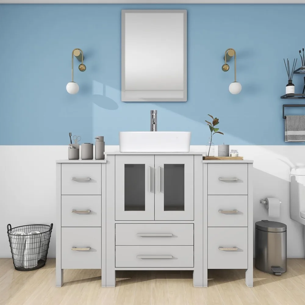 

48 inch Grey Bathroom Vanity Rectangle Vessel Sink Combo 2 Small Side Cabinets Removable MDF Board Free Stand Vanity 1.5 GPM