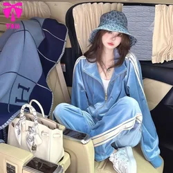 Fashion women's sports suit wide leg pants two-piece set, high-end light blue gold velvet long sleeved jacket with stripes