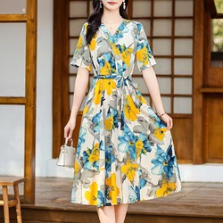 New Casual 2024 Women summer Dress Floral Print short Sleeve FashionElegant Vintage O-Neck Plus size Dresses