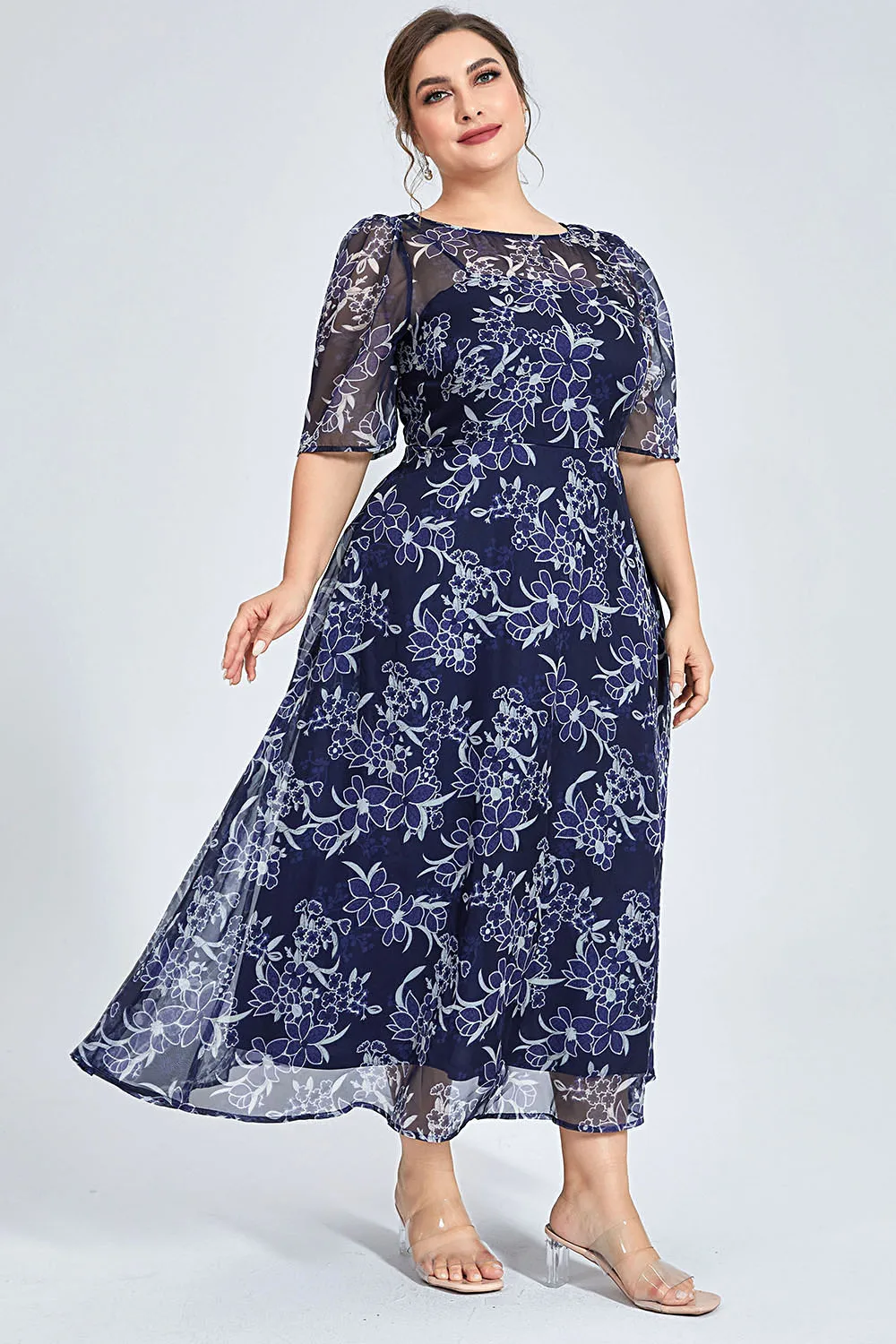 Women's Plus Size Long Dress Formal Chiffon Plant Print Double Layer Tunic Maxi Dress Casual Elegant Wedding Guest Dresses