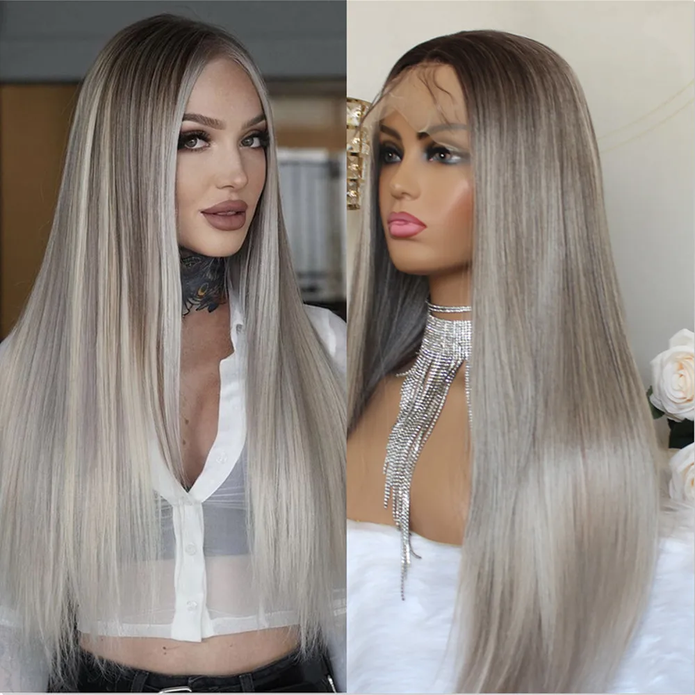 Ash Grey Lace Front Wigs For Women Synthetic Ombre Lace Frontal Wig Dark Roots Ash Brown Long Wig Lace Front Synthetic Wigs 24