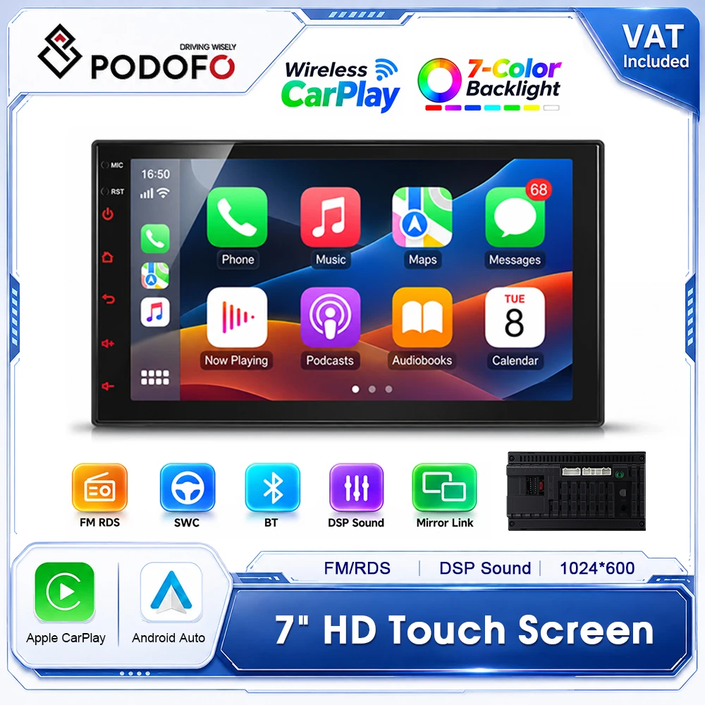 Podofo, lettore MP5 universale per auto da 7 pollici, 2 DIN, con connettività wireless e cablata per CarPlay e Android Auto, autoradio con schermo touchscreen HD, lettore multimediale per auto con