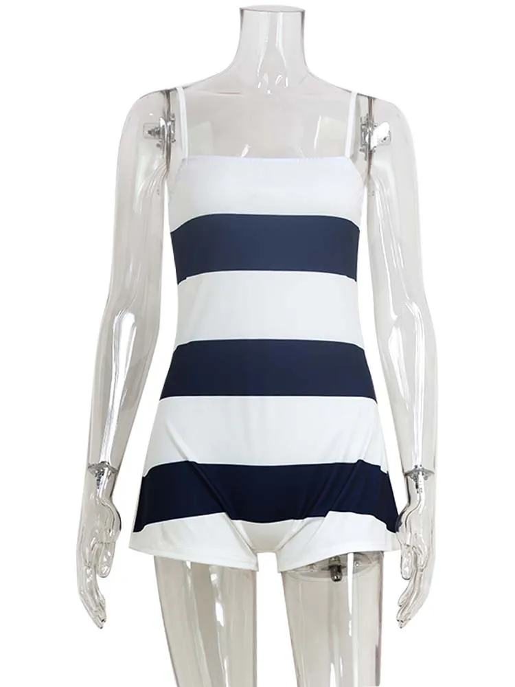 Ahagaga Summer Women Playsuits Striped Straps Zipper Skinny Regular Causal Basic Square Collar Sleeveless Eelgant Female Rompers