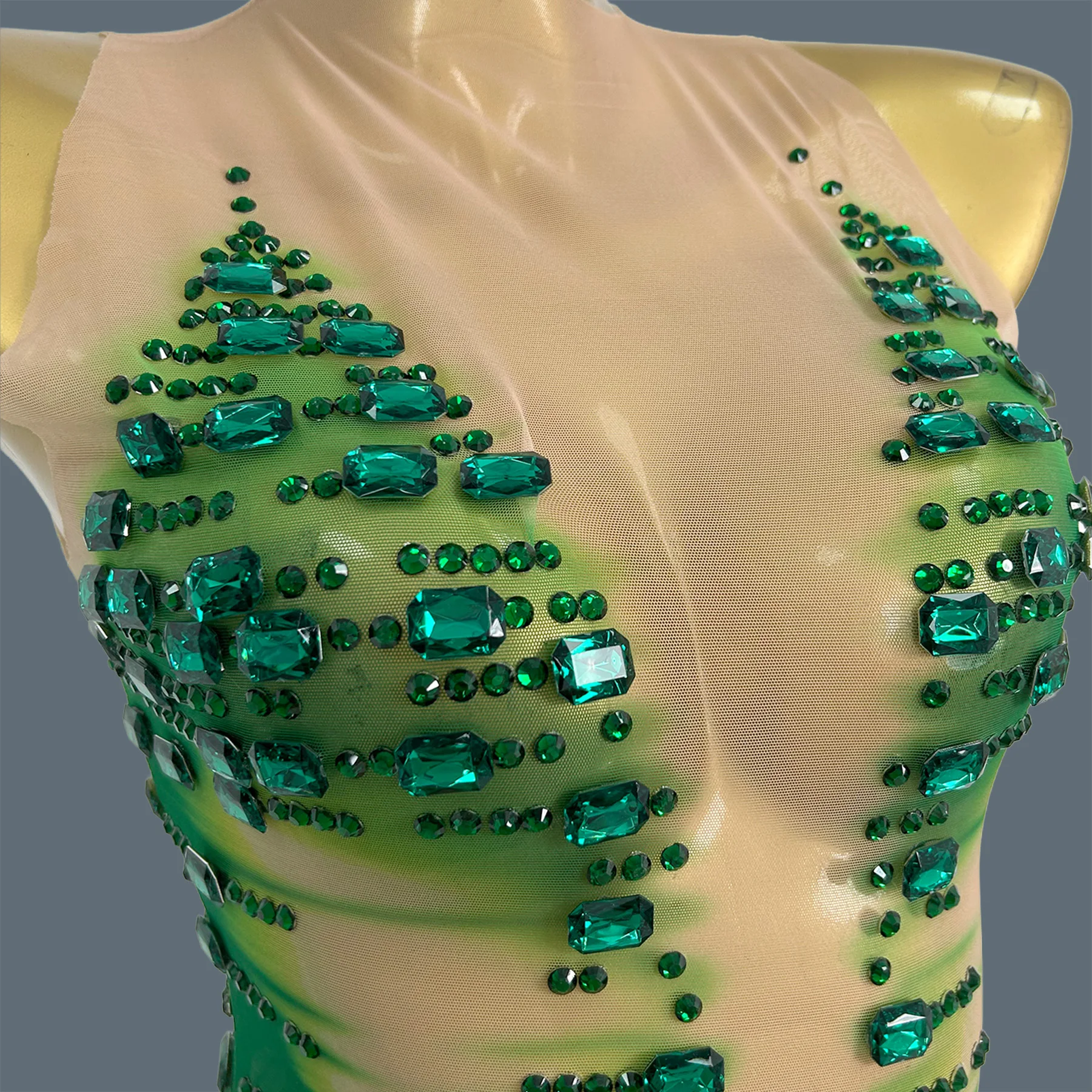 

Women Green Sparkly Rhinestone Transparent Mesh Bodysuit Fringe Trailing Stage Performance Costume Party Event Sexy Wear Zacao