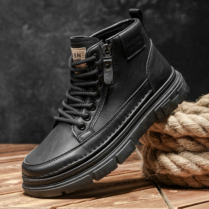 

Men Boots Autumn Leather Waterproof Mid-top Sports Shoes New Fashion Ankle Boots Casual Outdoor Hiking Boots Shoes Male Sneakers