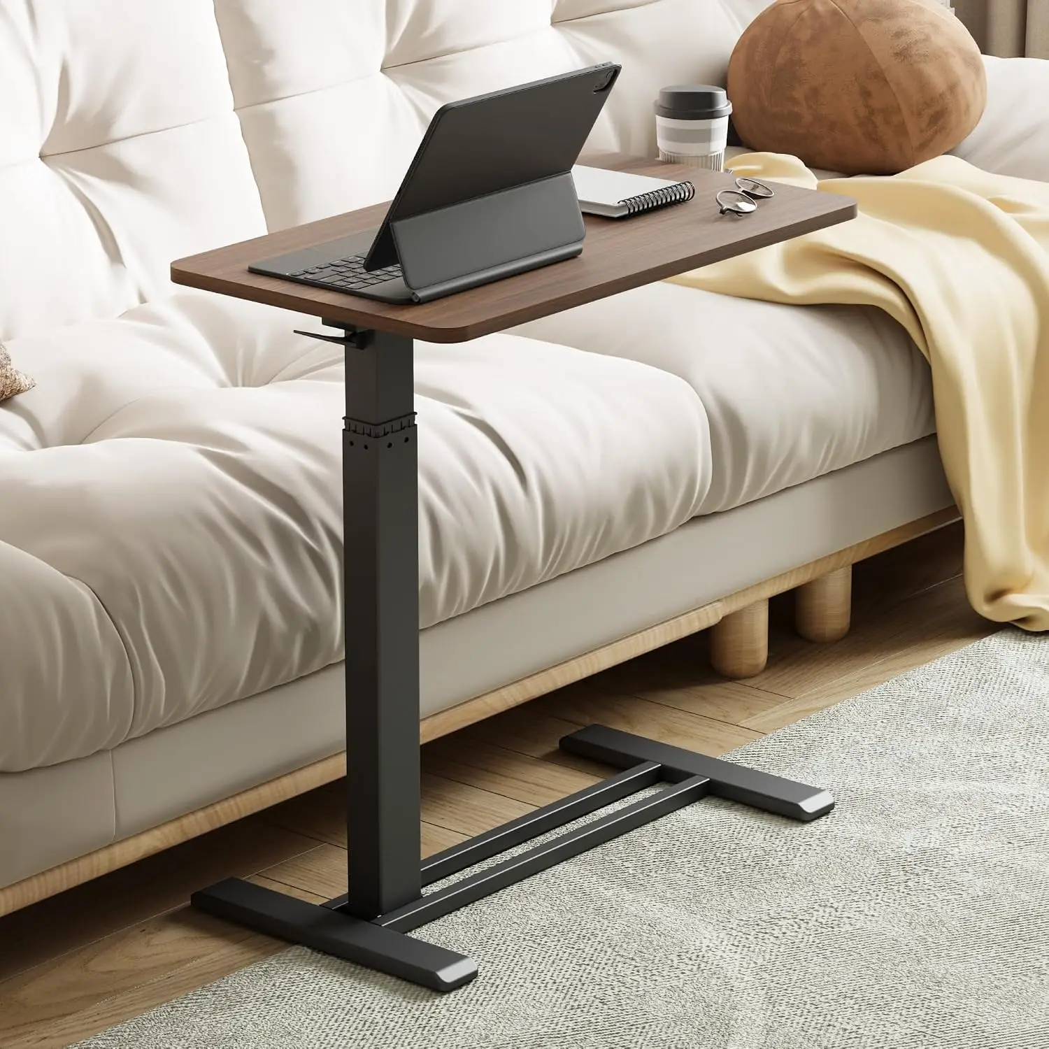 Medical Overbed Adjustable Bedside Table with Hidden Casters, Pneumatic Mobile Rolling Laptop Standing Desk with Tray for Home a