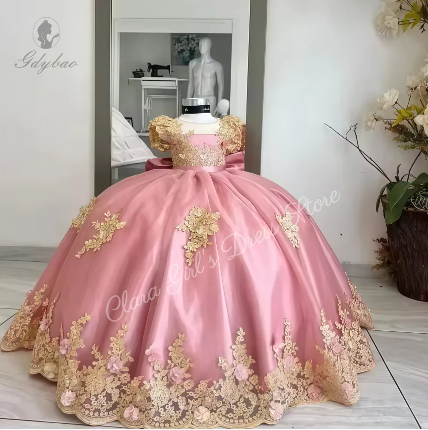 فساتين فتاة الزهور الوردية مع القوس الذهبي الدانتيل يزين الأميرة طفلة عيد ميلاد الكرة ثوب مخصص