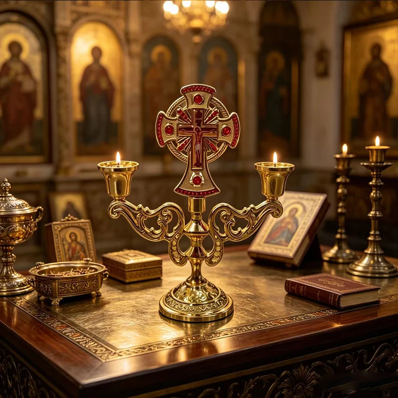 Vintage Orthodox Candelabra Gold Metal Standing Cross Candle Holder for Home Altar Church Decor Christian Religious Prayer Gift