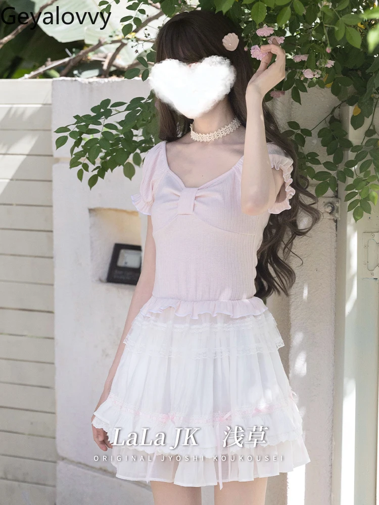 

Original Japanese Sweet Cute Girl Versatile Short-sleeved Pink Top and High-waisted Cake Short Skirt Slim Two-piece Set