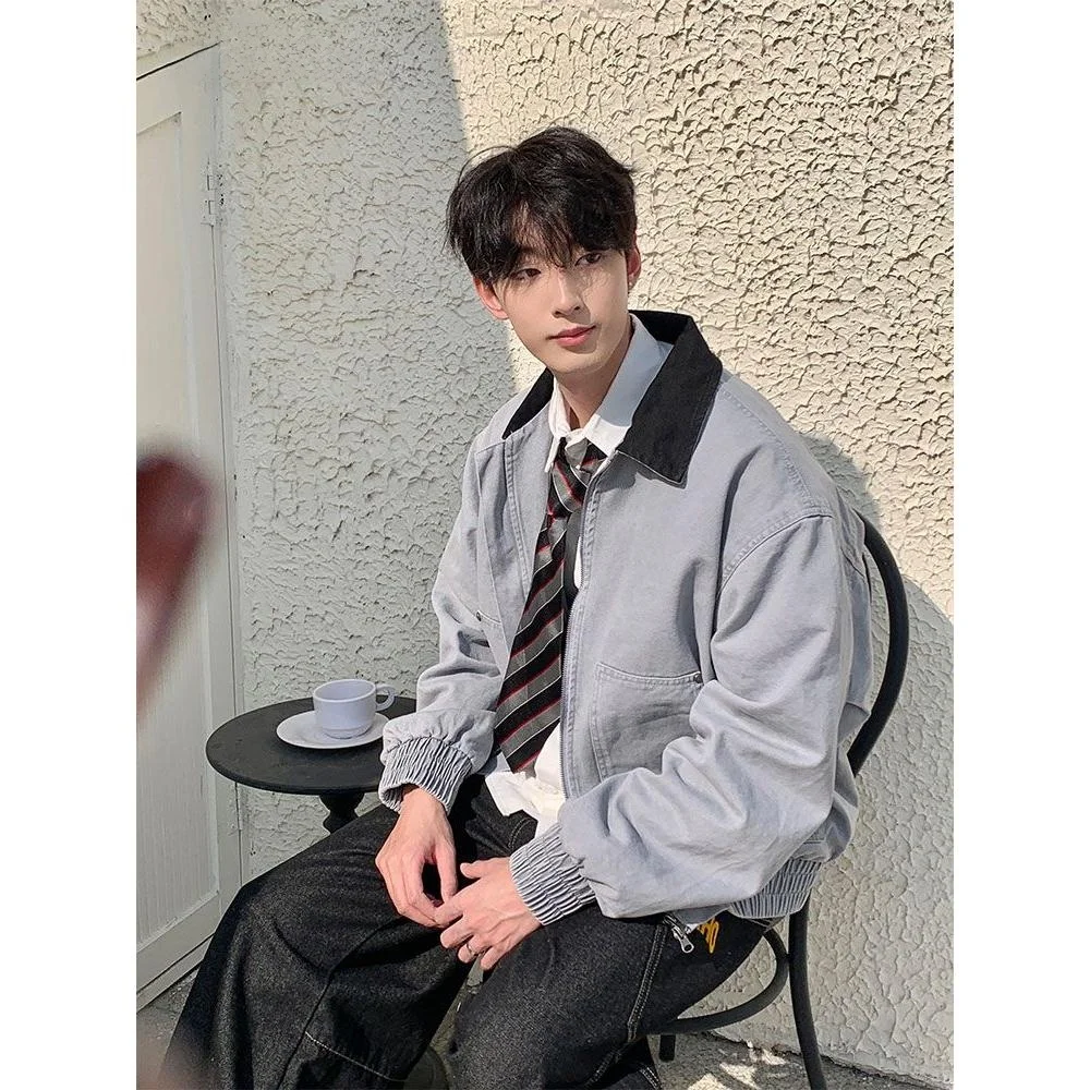 

Spring Autumn Loose Fit ort Men's Denim Jaet Color Blo Workwear Casual Outerwear Korean Sle CleanFit Retro Design