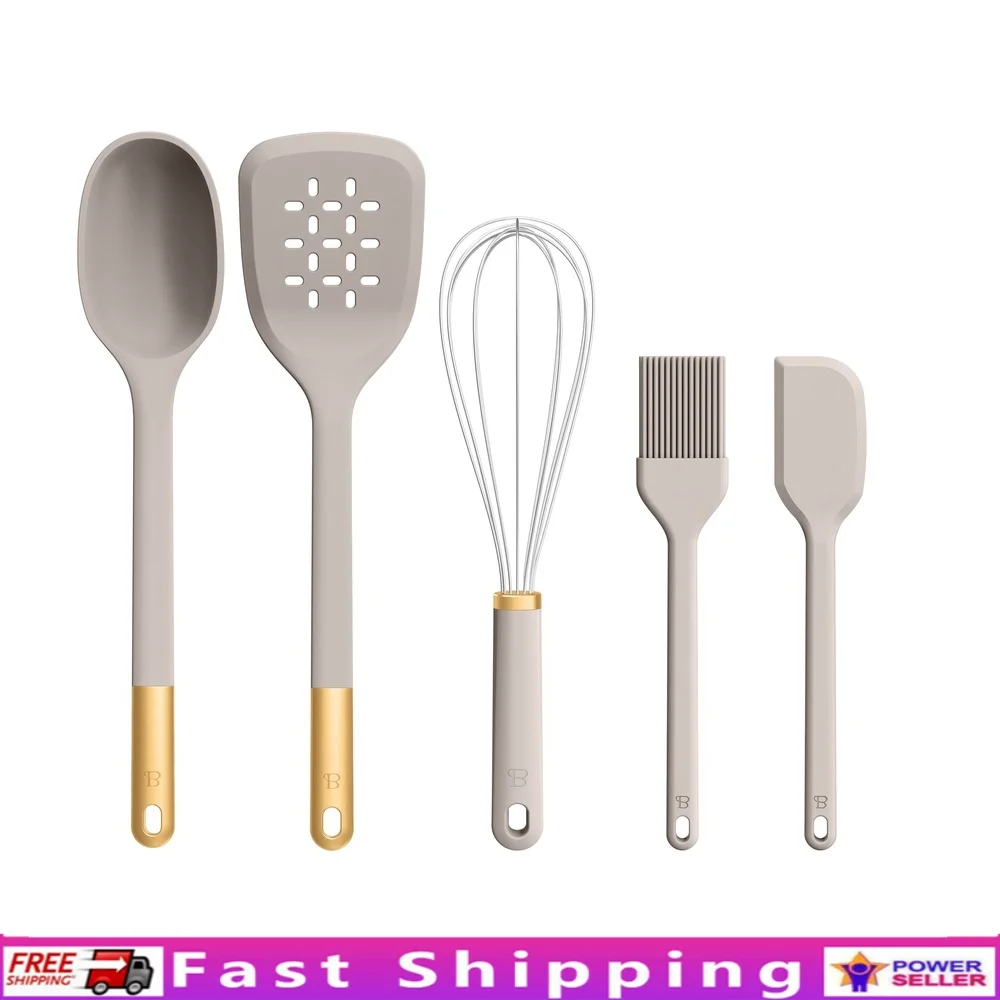 

Набор кухонных инструментов из 5 предметов, ложка с прорезями, мини-лопатка, венчик, щетка для наметки, не содержит BPA, можно мыть в посудомоечной машине, термостойкость