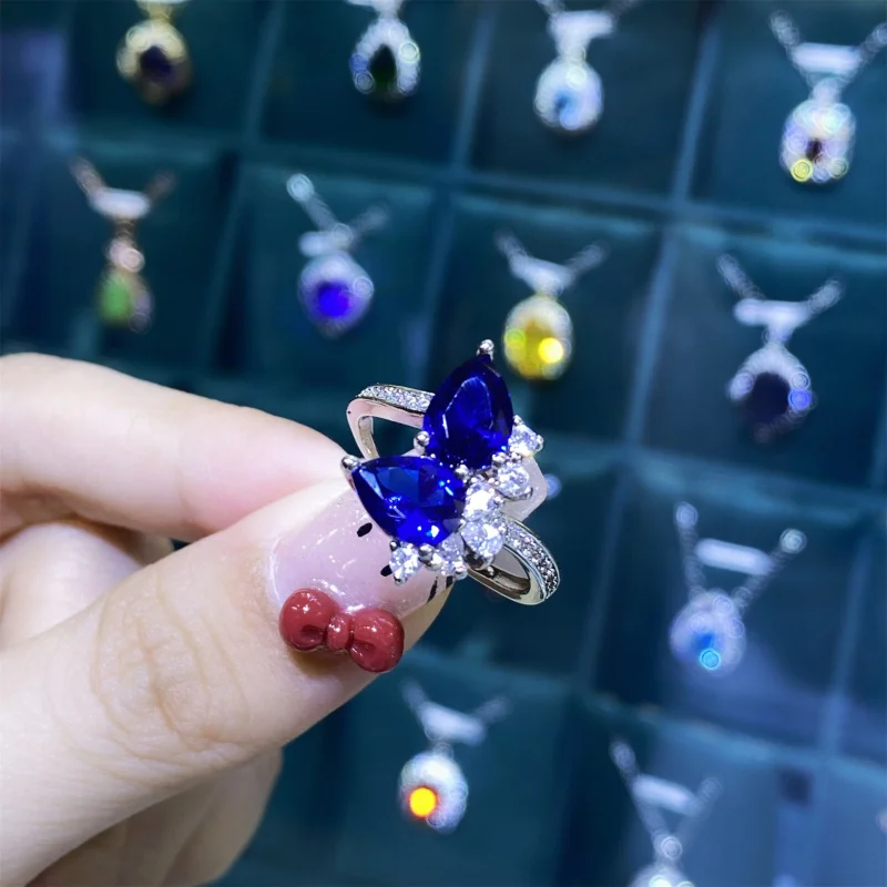 Spinel Blue Corundum Fluorescent Light Color-Changing Open Ring Women's Elegant Pendant Earrings Three-Piece Set