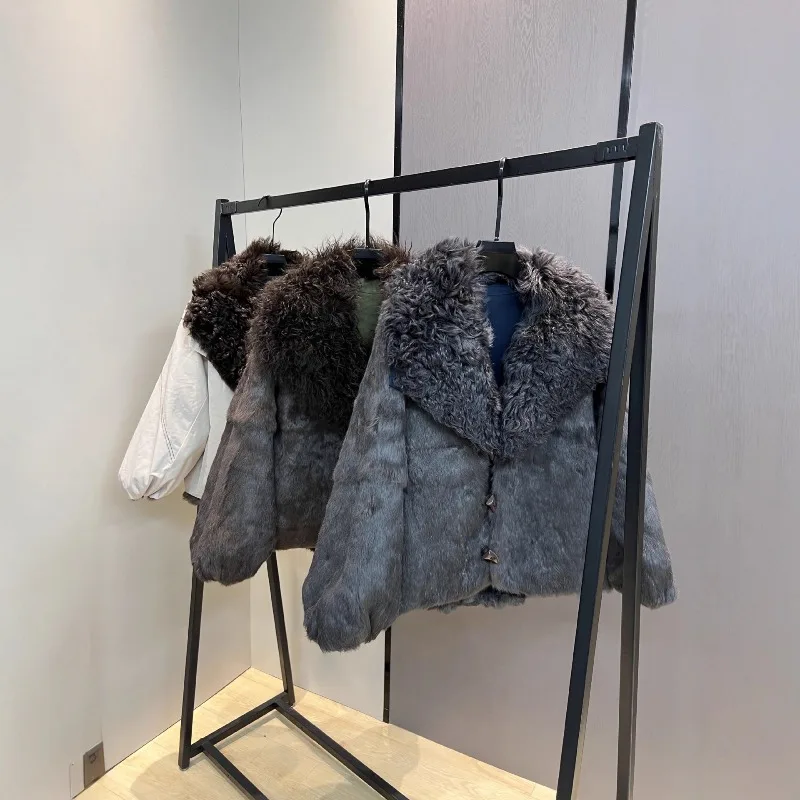 2025 Autumn Winter New Parkas Jacket Women's Rabbit Fur Lining Wool Collar Reversible Korean Style Casual Faux Fur Coat Female