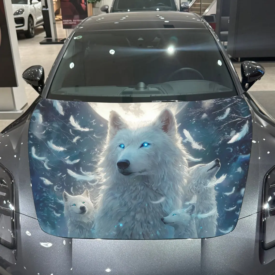 ملصقات غطاء السيارة ذات العيون الزرقاء على شكل قمر ليلي وولف أبيض، ملفوفة في ملصقات الفينيل الملونة، مناسبة لجميع السيارات، غطاء محرك السيارة المزخرف Pa #4