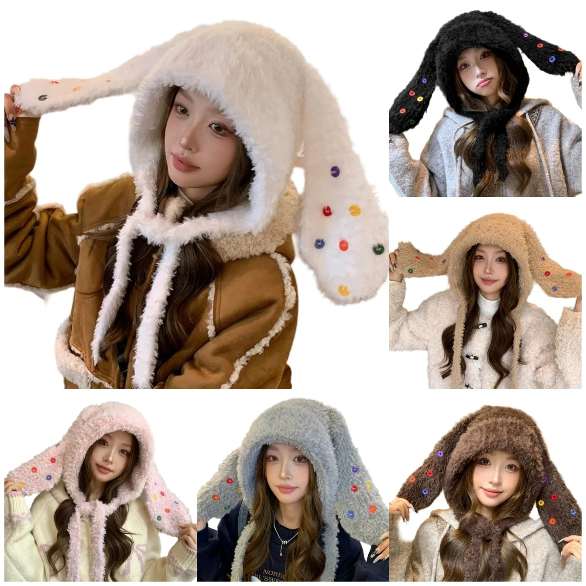

2025 Winter Beanies Skullies Plush Rabbit Ear Hat Women's Colorful Buttons Korean Ins Wind Outdoor Fashion Warm Pullover Hat