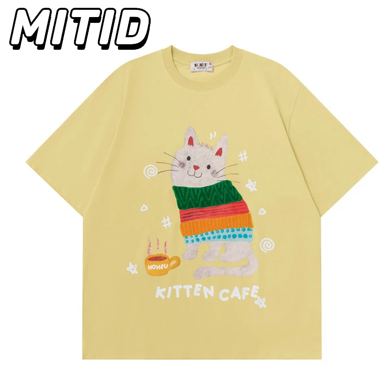 

Новые мужские футболки большого размера Y2k, уличная одежда, футболки с графическим принтом кота, летние модные повседневные мужские футболки с круглым вырезом и короткими рукавами для пар
