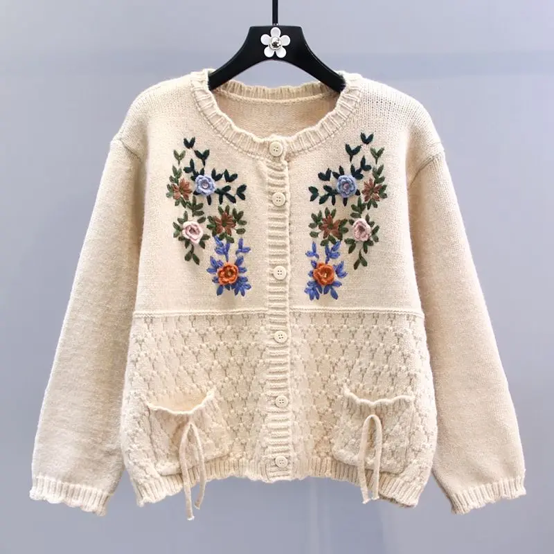 Design Chic Cardigan Knit Coats Single Breasted Flower Embroidery Pockets Sweaters All Match Vintage Autumn Loose Women Clothing