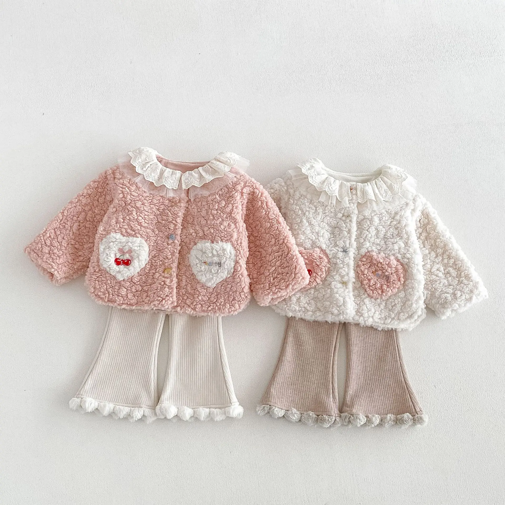 2026 New Winter Girls Fleece-Lined Jacket | Lace Collar Embroidered Heart Pocket Top | Cute Warm Outwear