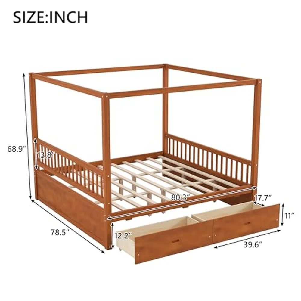 King Canopy Bed with Storage Drawers & Four Poster Frame Walnut