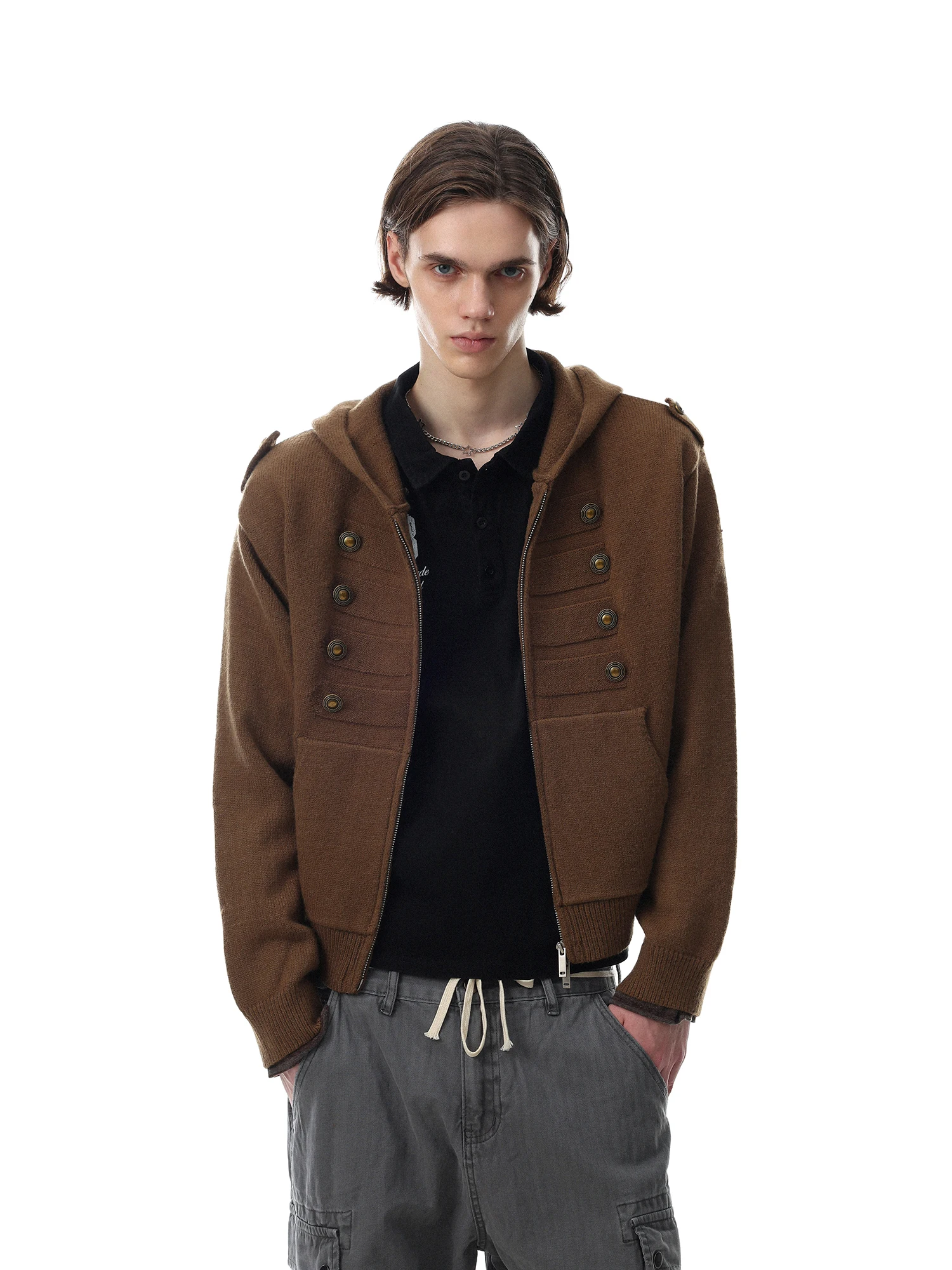 Retro American Court Style Napoleon Hoodie Knitted Sweater Unisex Double Zipper Cotton Blend Long Sleeve Warm Color