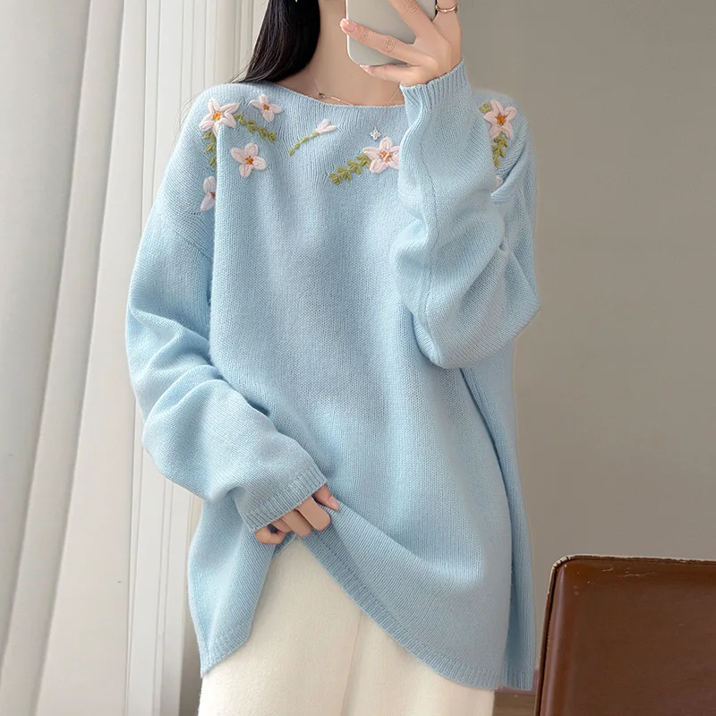 Autumn Women's 100% Merino Wool Pullover Boat‑Neck Shoulder Yoke Floral Vine Embroidery Delicate Relaxed Long Sleeve Knit Top