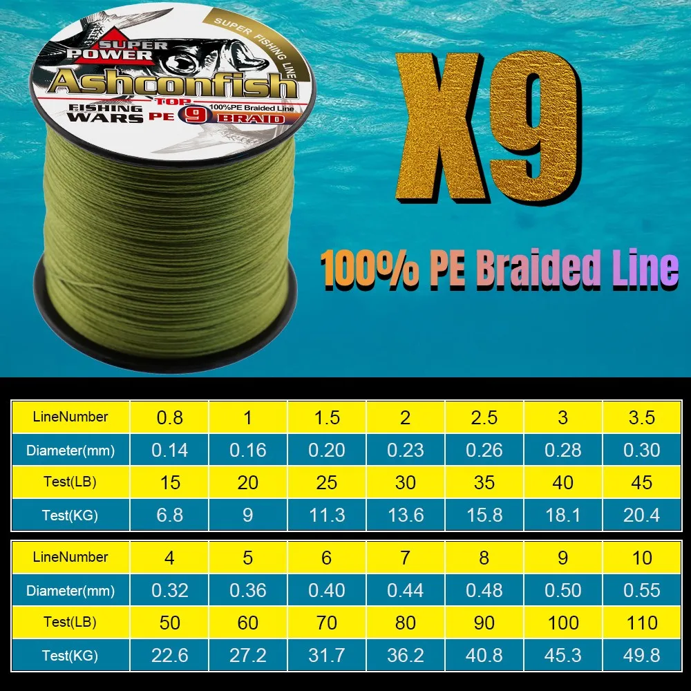 Ashconfish 9 Strands PE Braided Fishing Line Round Multifilament Fishing Wire 100M-500M 15-90LB Abrasion Resistance Braided Wire