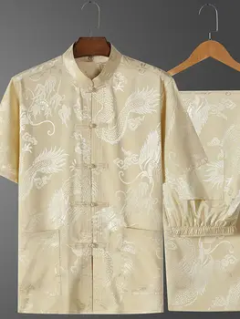 Chinesische Seide Drachen muster Retro Tang Anzug Kung Fu Tai Chi Kleidung Männer Hanfu Fu Cheong sam mit Tasche Shirt Bottom ing Shirt