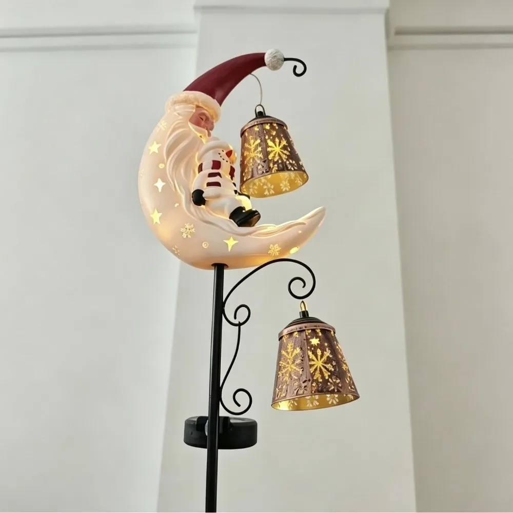LED Glowing Christmas Moon Solar Stake Light with Bell Hollow Lantern Xmas Garden Stake Lamp Solar Powered Waterproof