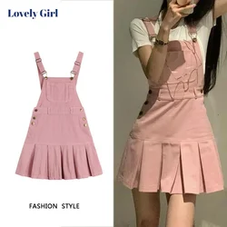 Korean Fashion Pink Denim Strappy Dress Women Summer New College Kpop Wind Sleeveless Vestidos Girl Sense Pleated Mini Skirts